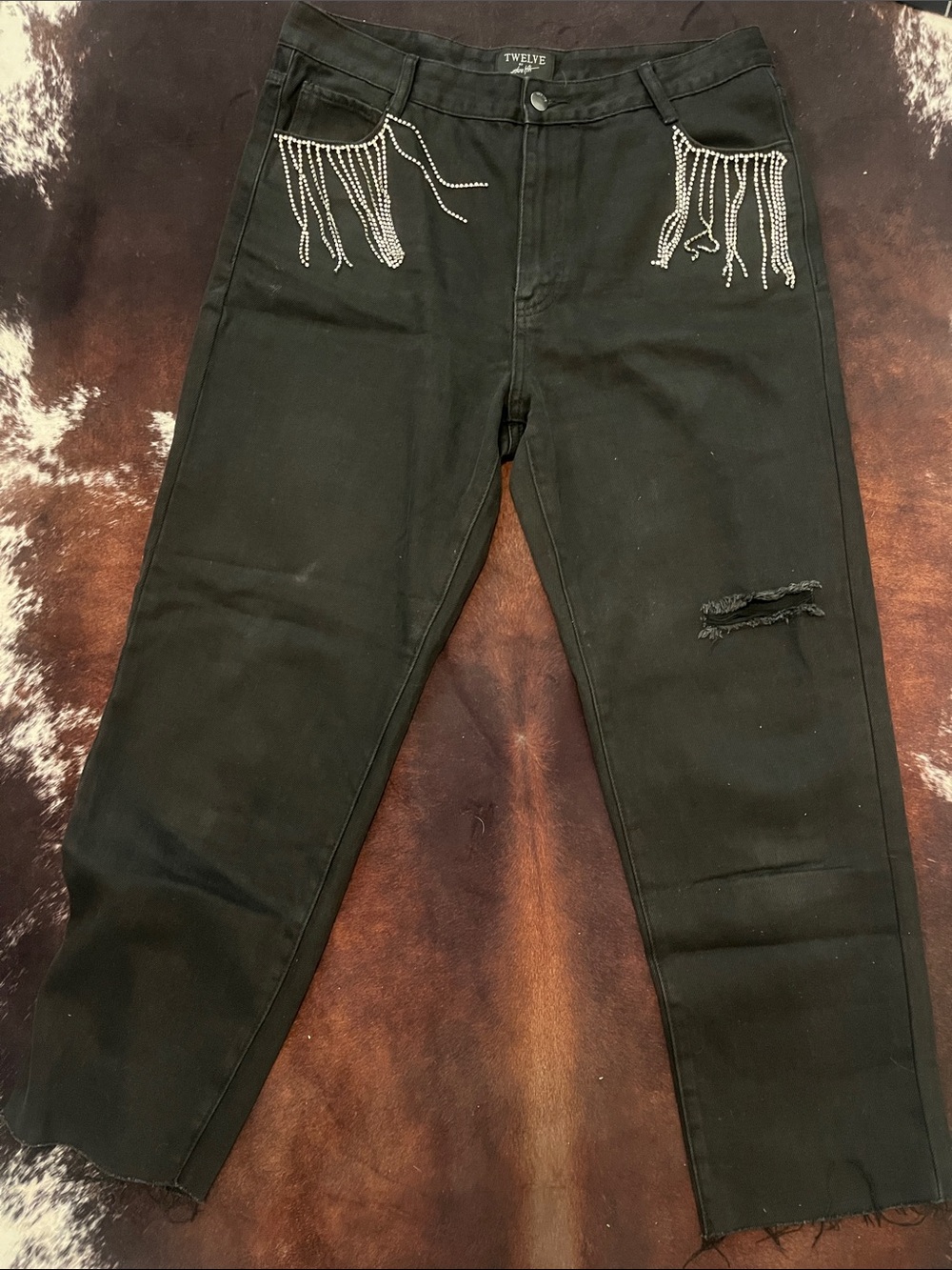 Black Women's Ankle Jeans with Rhinestone Fringe